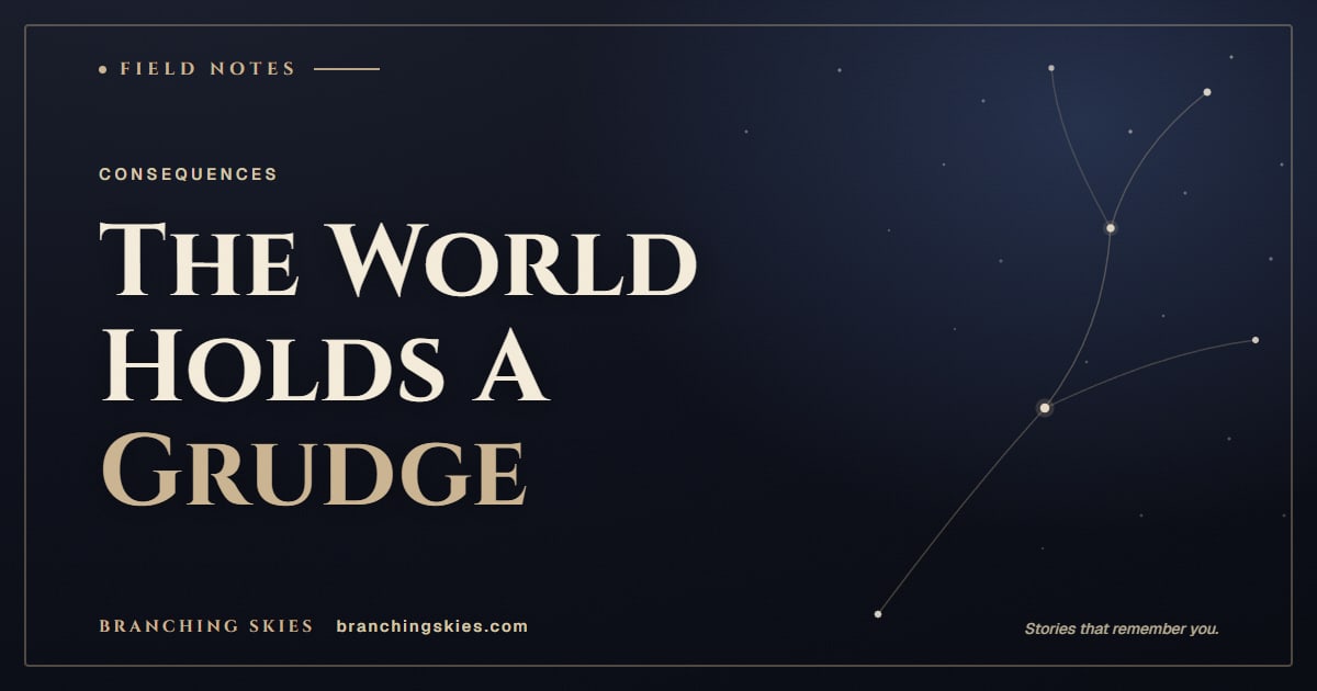 Editorial card reading The World Holds A Grudge, from the post on an AI RPG where choices matter, with a branching star constellation, Branching Skies.