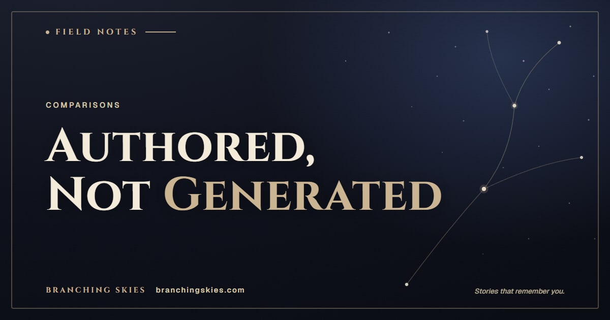 Editorial card reading Authored, Not Generated, from the guide to Voyage alternatives with a curated world, Branching Skies.