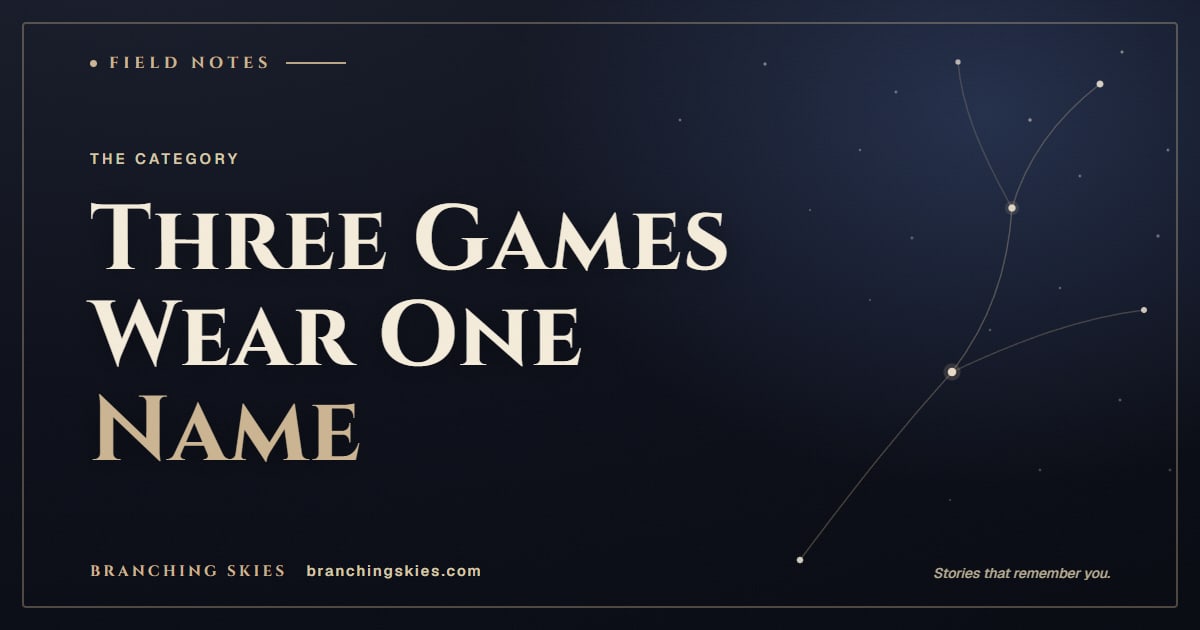 Editorial card reading Three Games Wear One Name, from the post on what an AI RPG actually is, Branching Skies.