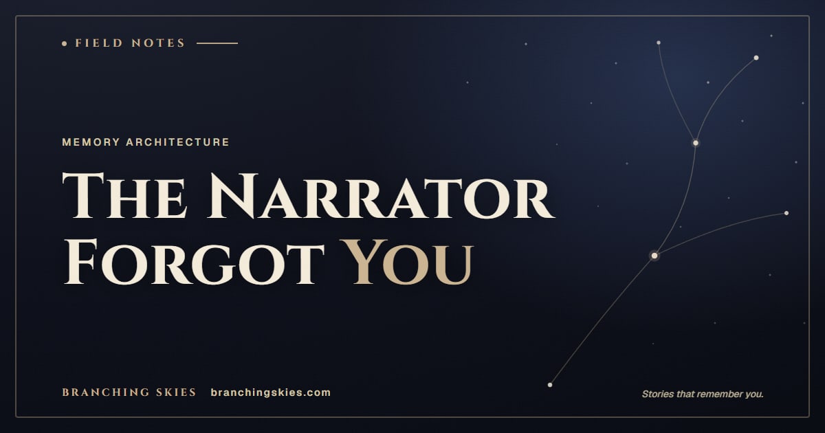Editorial card reading The Narrator Forgot You, from the post on AI Game Masters that remember, Branching Skies.